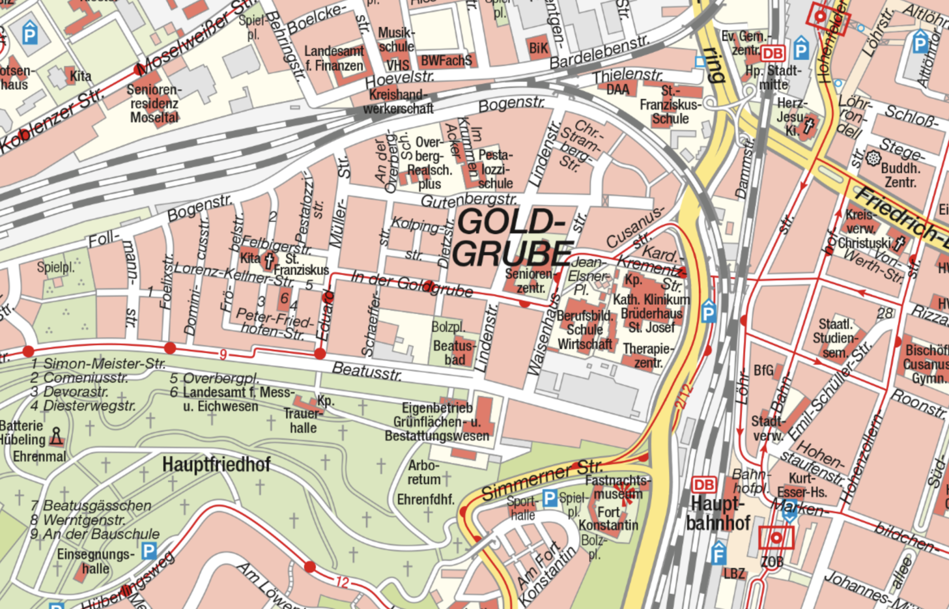 Ein Stadtplan zeigt den Koblenzer Stadtteil Goldgrube.
