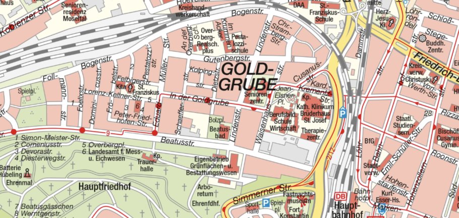 Ein Stadtplan zeigt den Koblenzer Stadtteil Goldgrube.