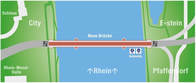 Die neue Pfaffendorfer Brücke ist komplett für den Verkehr nutzbar. Die neue Pfaffendorfer Brücke ist komplett für den Verkehr nutzbar.