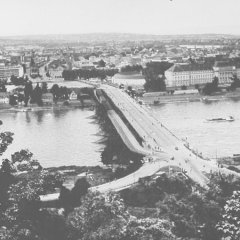 1953 flankierte noch die provisorische Behelfsbrücke die Seite der neuen Pfaffendorfer Brücke.