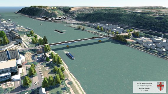 Das Fotot zeigt eine Animation der neuen Pfaffendorfer Brücke von schräg oben.