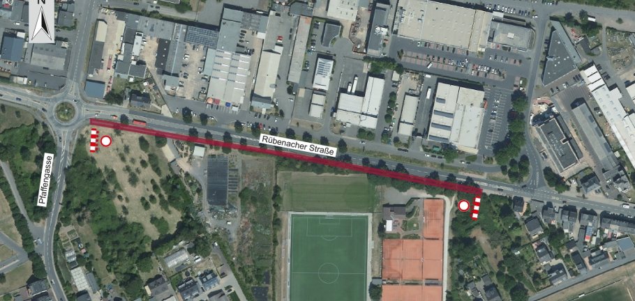 Luftbild des gesperrten Radweges "Rübenacher Straße" Luftbild des gesperrten Radweges "Rübenacher Straße"