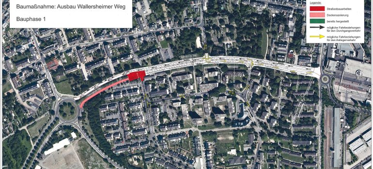 1. Bauabschnitt: In Fahrtrichtung Herberichstraße vom Wallersheimer Kreisel bis zur Einfahrt Hans-Bellinghausen-Straße.