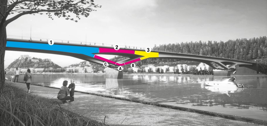 In einem ersten Abschnitt werden aktuell seit dem 10. Juni folgende Bauteile eingehoben:
Brückenbauteil („Schuss“) 1 
Brückenbauteil („Schuss“) 2
Brückenbauteil („Schuss“) 3
Querträger A
Strebe B
Strebe C
 In einem ersten Abschnitt werden aktuell seit dem 10. Juni folgende Bauteile eingehoben: Brückenbauteil („Schuss“) 1, Brückenbauteil („Schuss“) 2, Brückenbauteil („Schuss“) 3, Querträger A, Strebe B, Strebe C