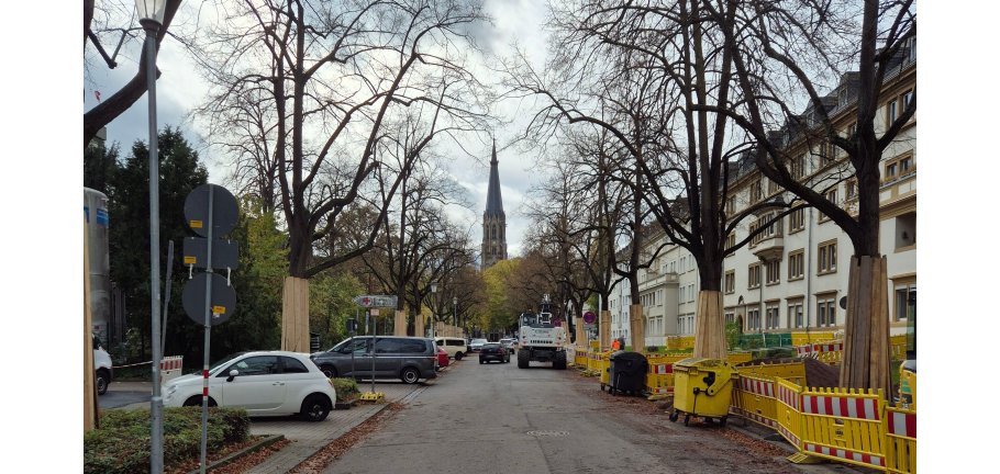 Eine Straße mit Bauzäunen und einem Bagger auf der Fahrbahn.