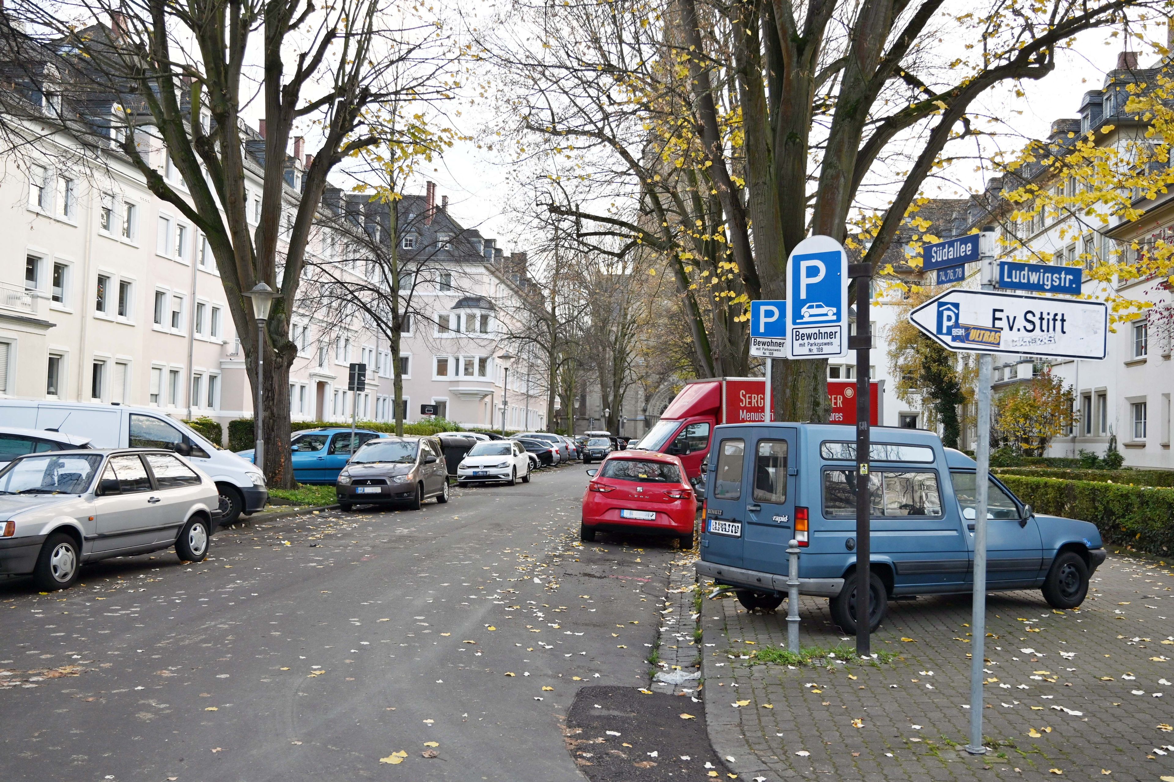 Eine Straße mit parkenden Autos, Bäumen und Hecken vor den Häusern.