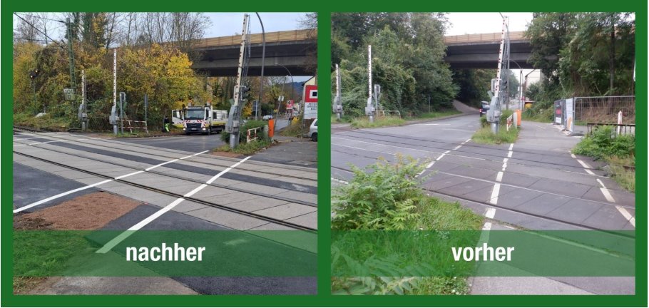 Zwei Bilder des selben Bahnübergangs vor und nach den Bauarbeiten.