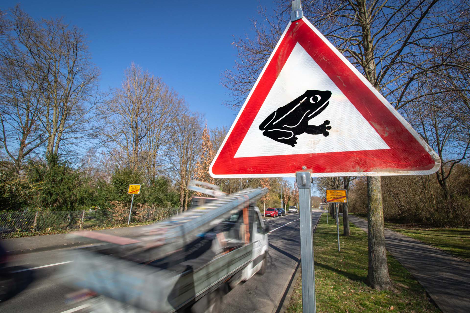 Ein Warnschild zeigt einen Frosch Ein Warnschild zeigt einen Frosch