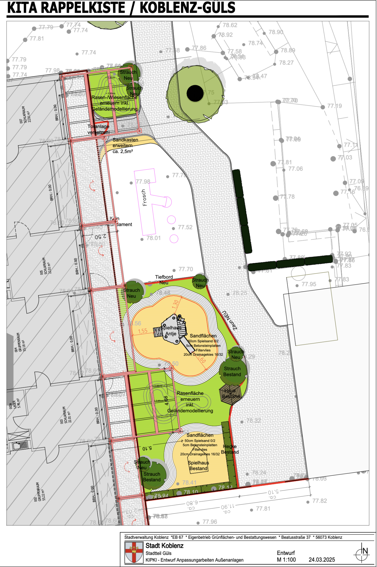Entwurfsplan der geplanten Beschattungseinrichtung mit PV-Anlage an der KiTa Rappelkiste in Koblenz-Güls. 